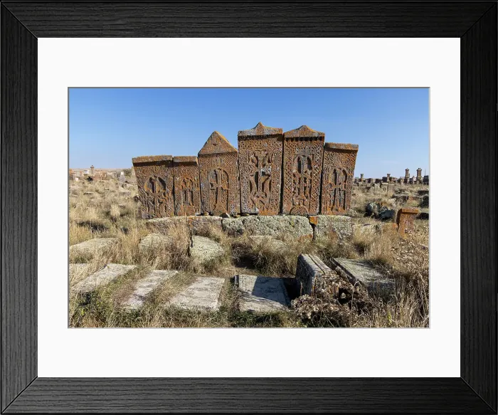 Framed Print : Early Khachkars (carved memorial stones), Noratus Cemetery, Gegharkunik Province, Armenia