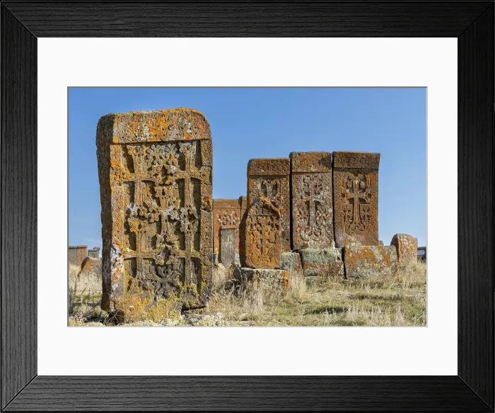 Framed Print : Early Khachkars (carved memorial stones), Noratus Cemetery, Gegharkunik Province, Armenia