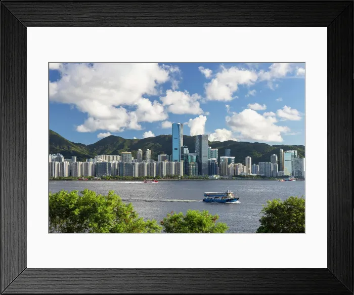 Framed Print : Ferry crossing Victoria Harbour with Quarry Bay skyline in background, Hong Kong Island, Hong Kong