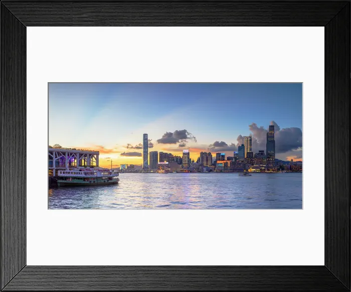 Framed Print : Star Ferry at Wan Chai Pier and Kowloon skyline at sunset, Hong Kong Framed Print : Star Ferry at Wan Chai Pier and Kowloon skyline at sunset, Hong Kong