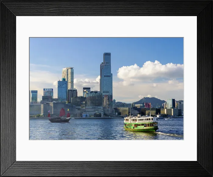Framed Print : Skyline of Tsim Sha Tsui, Star Ferry and Aqua Luna junk boat, Hong Kong Framed Print : Skyline of Tsim Sha Tsui, Star Ferry and Aqua Luna junk boat, Hong Kong