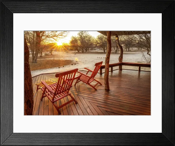 Framed Print : Africa, Botswana, Kalahari, Deception Valley lodge. the deck of one chalet at sunrise Framed Print : Africa, Botswana, Kalahari, Deception Valley lodge. the deck of one chalet at sunrise