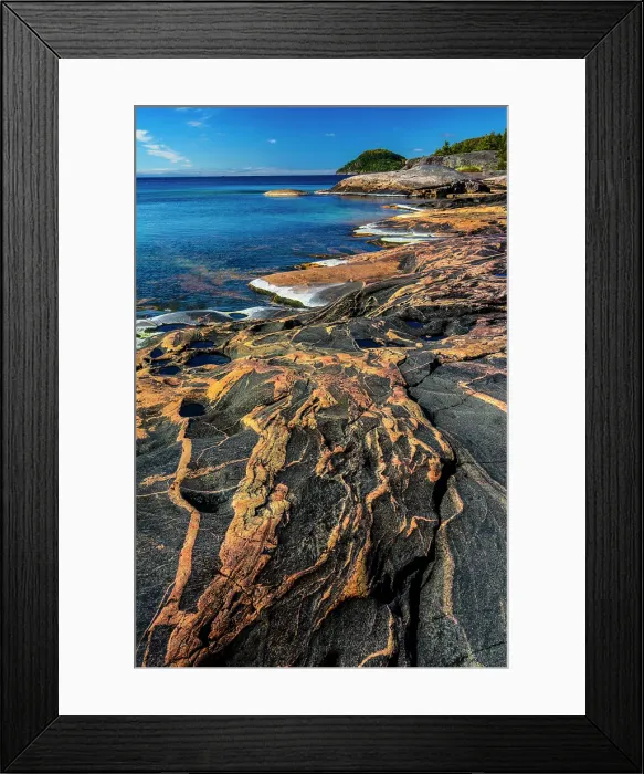 Framed Print : Rock outcrops with igneous dykes in Lake Superior shoreline at Coldwater Bay, Lake Superior Provincial Park, Ontario, Canada Framed Print : Rock outcrops with igneous dykes in Lake Superior shoreline at Coldwater Bay, Lake Superior Provincial Park, Ontario, Canada