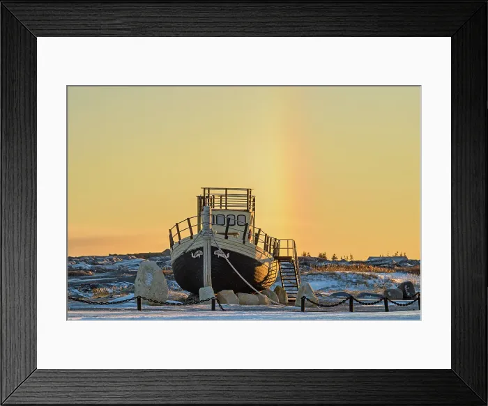 Framed Print : Sundog and moored vessel along Hudson Bay coast, Churchill, Manitoba, Canada Framed Print : Sundog and moored vessel along Hudson Bay coast, Churchill, Manitoba, Canada