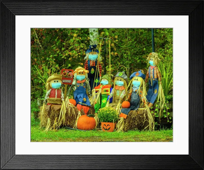 Framed Print : Autumn hravest diarama with mask-wearing mannequins, Greater Sudbury, Ontario, Canada Framed Print : Autumn hravest diarama with mask-wearing mannequins, Greater Sudbury, Ontario, Canada