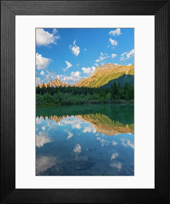 Framed Print : Canadian Rocky Mountains reflected in a pond in the Silverhorne Creek Campground. Icefields Parkway. Capricorn Mountain at left, Aires Peak at center followed by the two small peaks of Midway Peak and Mt. Synge at far right Framed Print : Canadian Rocky Mountains reflected in a pond in the Silverhorne Creek Campground. Icefields Parkway. Capricorn Mountain at left, Aires Peak at center followed by the two small peaks of Midway Peak and Mt. Synge at far right