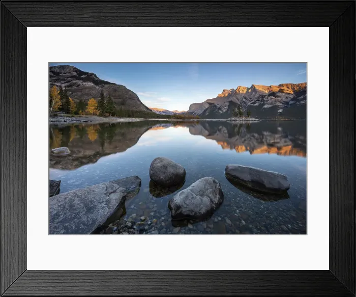 Framed Print : Reflections on the shore of Lake Minnewanka in the Canadian Rockies, Banff National Park, Alberta, Canada. Autumn (October) 2024 Framed Print : Reflections on the shore of Lake Minnewanka in the Canadian Rockies, Banff National Park, Alberta, Canada. Autumn (October) 2024