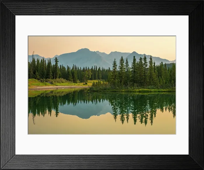 Framed Print : Canadian Rocky Mountains reflected in CAscade Pond in morning or dawn light. Banff National Park, Alberta, Canada