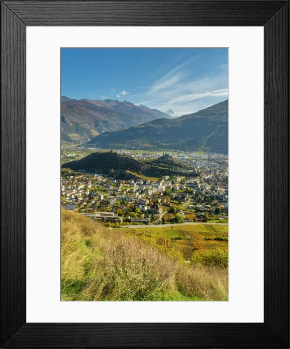 Framed Print : Sion and surrounding vineyards, Rhone Valley, Valais, Switzerland Framed Print : Sion and surrounding vineyards, Rhone Valley, Valais, Switzerland