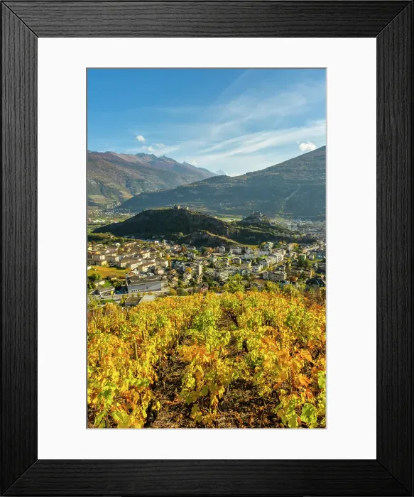 Framed Print : Sion and surrounding vineyards, Rhone Valley, Valais, Switzerland Framed Print : Sion and surrounding vineyards, Rhone Valley, Valais, Switzerland