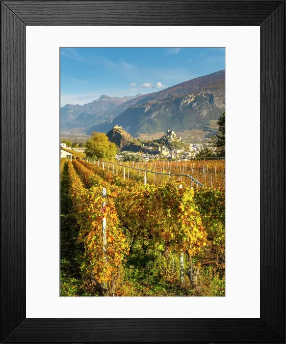 Framed Print : Chateau de Tourbillon & Basilique de Valere, Sion and surrounding vineyards, Rhone Valley, Valais, Switzerland Framed Print : Chateau de Tourbillon & Basilique de Valere, Sion and surrounding vineyards, Rhone Valley, Valais, Switzerland