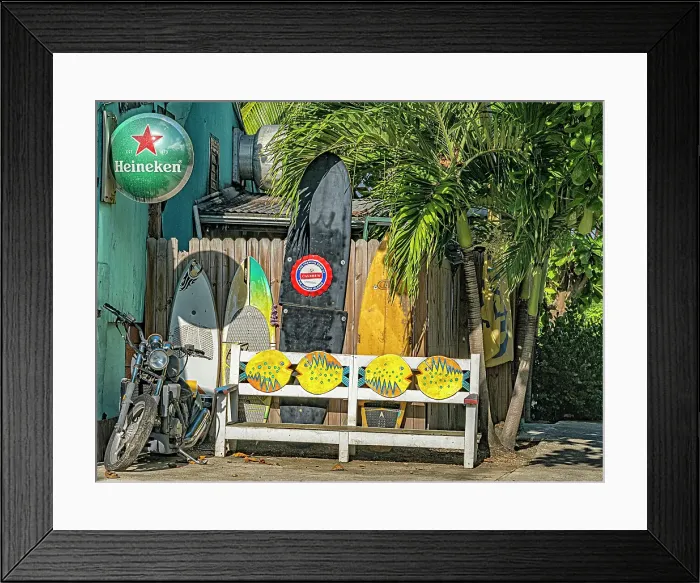 Framed Print : Dilapidated Motorcycle and bench with old surfboards, Grand Cayman, Cayman Islands, British West Indies Framed Print : Dilapidated Motorcycle and bench with old surfboards, Grand Cayman, Cayman Islands, British West Indies