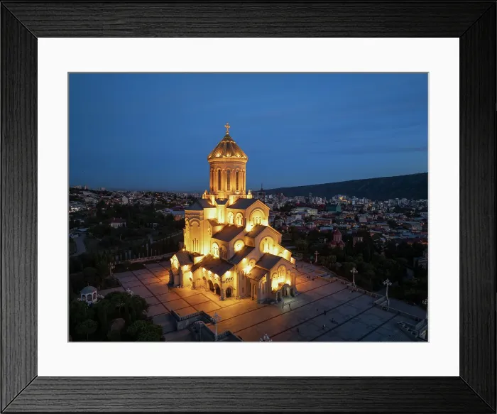Framed Print : Aerial view, Holy Trinity Cathedral at dusk, Tbilisi, Georgia Framed Print : Aerial view, Holy Trinity Cathedral at dusk, Tbilisi, Georgia