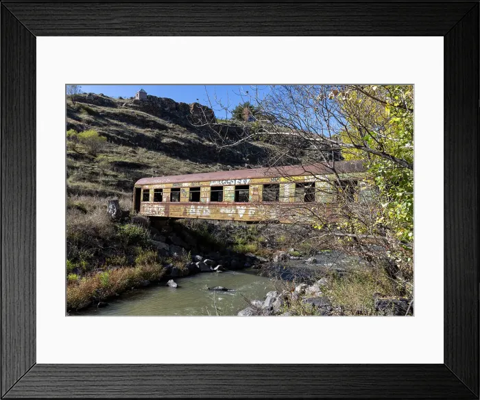 Framed Print : A train carriage used as a bridge to cross a river, between Akhaltsikhe and Akhalkalaki, Georgia Framed Print : A train carriage used as a bridge to cross a river, between Akhaltsikhe and Akhalkalaki, Georgia