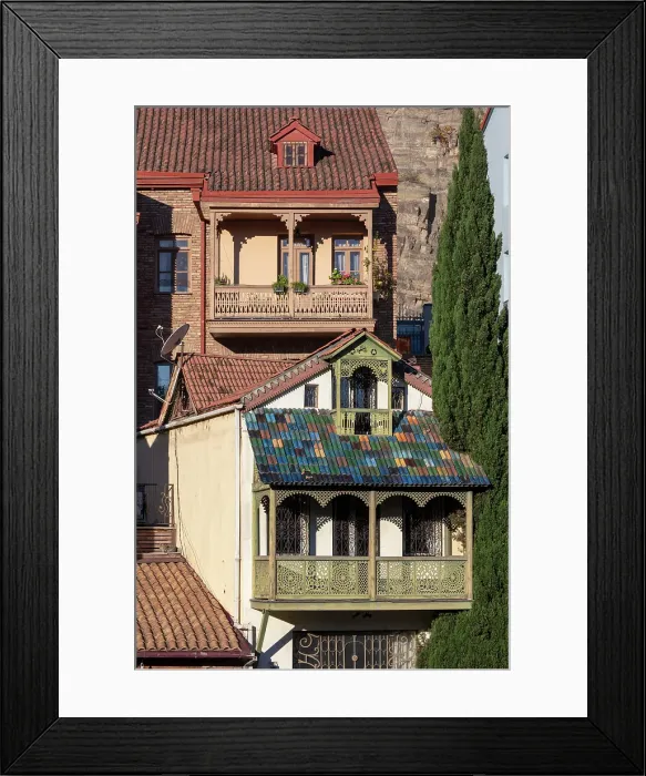 Framed Print : Appartments with leaning wooden balconies, Abanotubani district, Tbilisi, Georgia