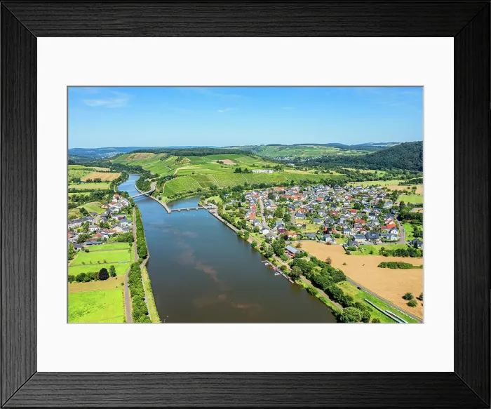 Framed Print : Aerail view at Schoden, the Van Volxem winery and vinothek with river Saar, Wiltingen, Rhineland-Palatinate, Germany Framed Print : Aerail view at Schoden, the Van Volxem winery and vinothek with river Saar, Wiltingen, Rhineland-Palatinate, Germany