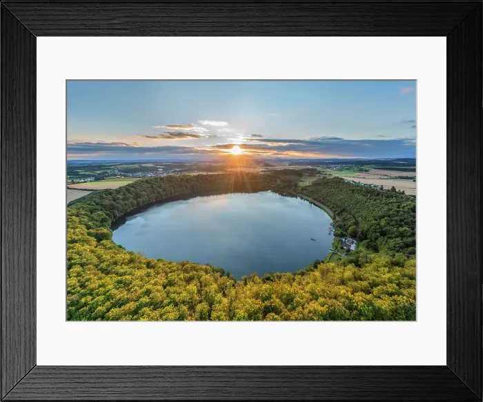 Framed Print : Aerial view on the sunset above the Pulvermaar, Gillenfeld, Eifel, Rhineland-Palatinate, Germany