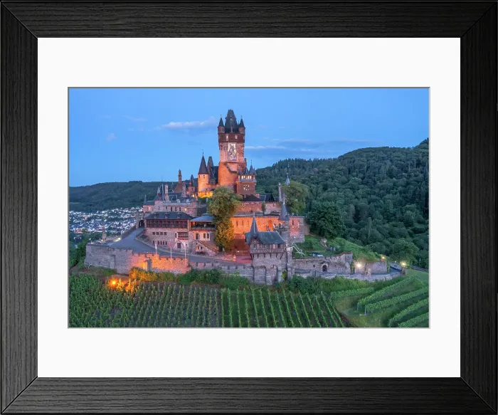 Framed Print : Aerial view at Cochem castle at dusk, Cochem, Mosel valley, Rhineland-Palatinate, Germany Framed Print : Aerial view at Cochem castle at dusk, Cochem, Mosel valley, Rhineland-Palatinate, Germany