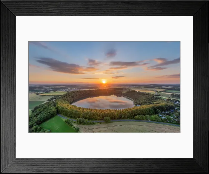 Framed Print : Aerial view on the sunset above the Pulvermaar, Gillenfeld, Eifel, Rhineland-Palatinate, Germany Framed Print : Aerial view on the sunset above the Pulvermaar, Gillenfeld, Eifel, Rhineland-Palatinate, Germany