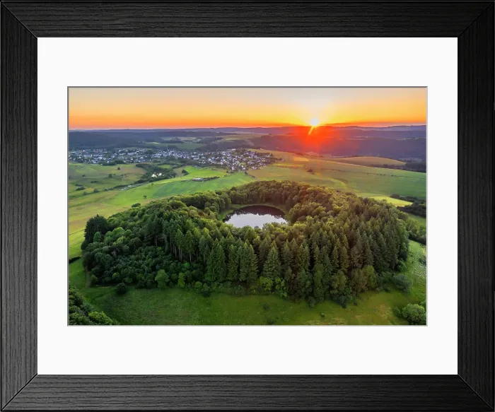 Framed Print : Aerial view on the sunset above Windsborn volcanic crater lake, Eifel, Rhineland-Palatinate, Germany