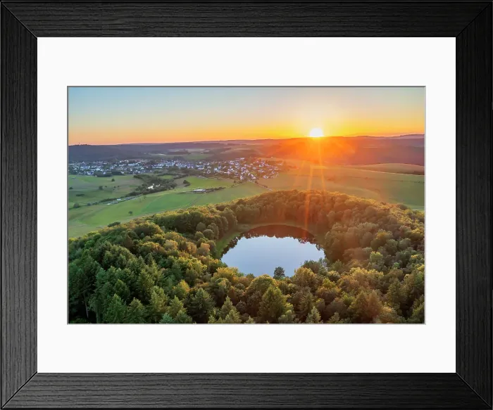 Framed Print : Aerial view on the sunset above Windsborn volcanic crater lake, Eifel, Rhineland-Palatinate, Germany Framed Print : Aerial view on the sunset above Windsborn volcanic crater lake, Eifel, Rhineland-Palatinate, Germany
