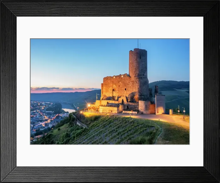 Framed Print : Aerial view at the Landshut castle at dusk, Bernkastel-Kues, Mosel valley, Rhineland-Palatinate, Germany Framed Print : Aerial view at the Landshut castle at dusk, Bernkastel-Kues, Mosel valley, Rhineland-Palatinate, Germany