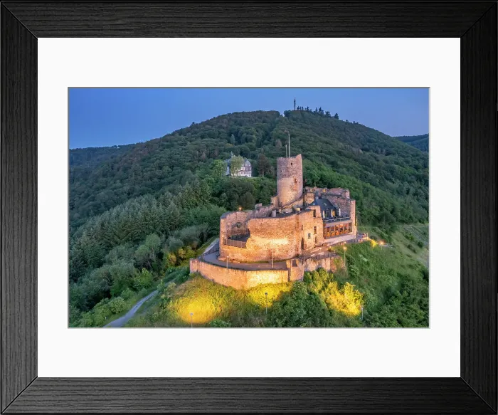 Framed Print : Aerial view at the Landshut castle at dusk, Bernkastel-Kues, Mosel valley, Rhineland-Palatinate, Germany Framed Print : Aerial view at the Landshut castle at dusk, Bernkastel-Kues, Mosel valley, Rhineland-Palatinate, Germany