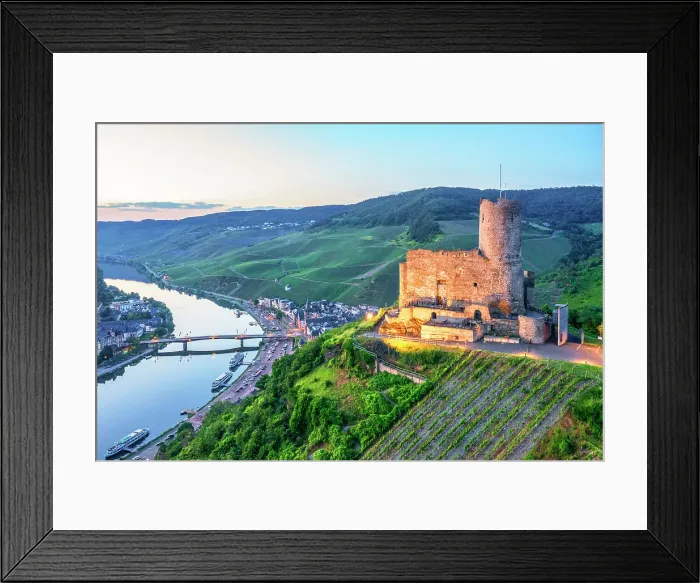 Framed Print : Aerial view at the Landshut castle at dusk, Bernkastel-Kues, Mosel valley, Rhineland-Palatinate, Germany Framed Print : Aerial view at the Landshut castle at dusk, Bernkastel-Kues, Mosel valley, Rhineland-Palatinate, Germany
