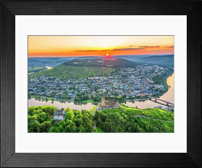 Framed Print : Aerial view at the sunset above Landshut castle, Bernkastel-Kues, Mosel valley, Rhineland-Palatinate, Germany Framed Print : Aerial view at the sunset above Landshut castle, Bernkastel-Kues, Mosel valley, Rhineland-Palatinate, Germany