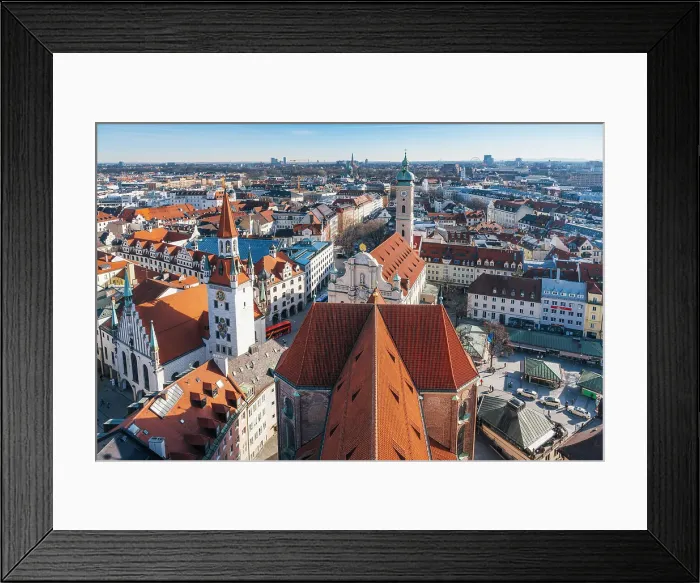 Framed Print : Munich, Germany. Aerial view of iconic Bavarian architecture and rooftops under a clear blue sky
