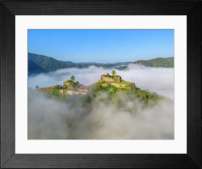 Framed Print : Aerial view at the Saffenburg in morning fog, Mayschoss, Ahr valley, Eifel, Rhineland-Palatinate, Germany Framed Print : Aerial view at the Saffenburg in morning fog, Mayschoss, Ahr valley, Eifel, Rhineland-Palatinate, Germany