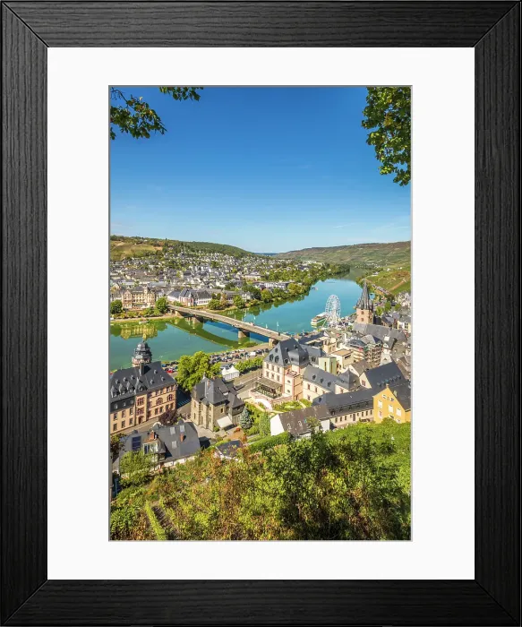 Framed Print : View from the Schuetzenhaus restaurant of the Moselle and Bernkastel-Kues, Moselle, Rhineland-Palatinate, Germany