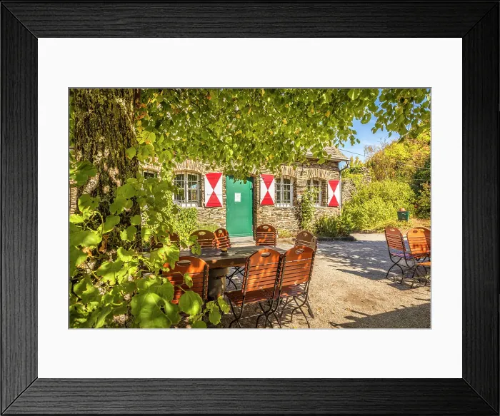 Framed Print : Restaurant at the Grevenburg ruins, Traben-Trarbach, Mosel, Rhineland-Palatinate, Germany