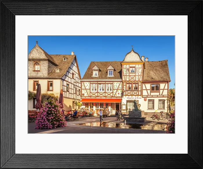 Framed Print : Market square with Tatzelwurm fountain and historic houses, Kobern-Gondorf, Mosel, Rhineland-Palatinate, Germany Framed Print : Market square with Tatzelwurm fountain and historic houses, Kobern-Gondorf, Mosel, Rhineland-Palatinate, Germany