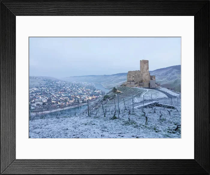 Framed Print : Hoarfrost and winter vineyards with castle ruins of Landshut and Bernkastel-Kues, Mosel, Rhineland-Palatinate, Germany Framed Print : Hoarfrost and winter vineyards with castle ruins of Landshut and Bernkastel-Kues, Mosel, Rhineland-Palatinate, Germany