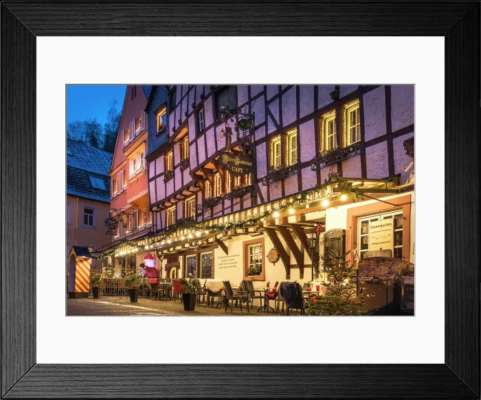 Framed Print : Old town with Christmas decorations at blue hour, Bernkastel-Kues, Mosel, Rhineland-Palatinate, Germany Framed Print : Old town with Christmas decorations at blue hour, Bernkastel-Kues, Mosel, Rhineland-Palatinate, Germany