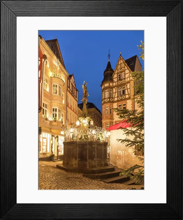 Framed Print : Michaelsbrunnen on the market square with Christmas decorations at blue hour, Bernkastel-Kues, Mosel, Rhineland-Palatinate, Germany Framed Print : Michaelsbrunnen on the market square with Christmas decorations at blue hour, Bernkastel-Kues, Mosel, Rhineland-Palatinate, Germany