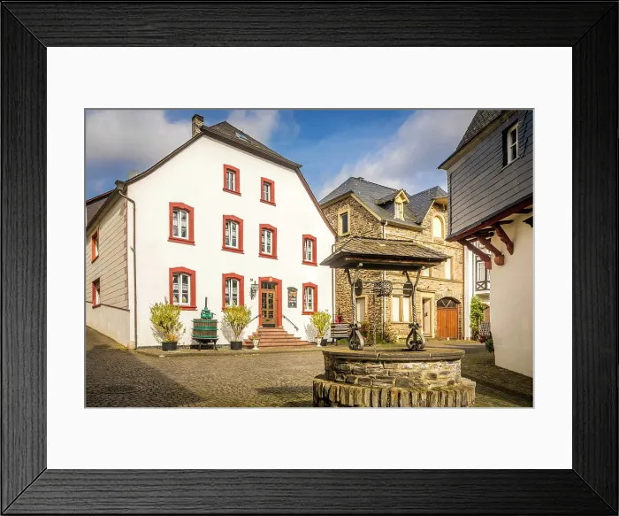 Framed Print : Old fountain and winery in the old town of Kues, Bernkastel-Kues, Mosel, Rhineland-Palatinate, Germany Framed Print : Old fountain and winery in the old town of Kues, Bernkastel-Kues, Mosel, Rhineland-Palatinate, Germany