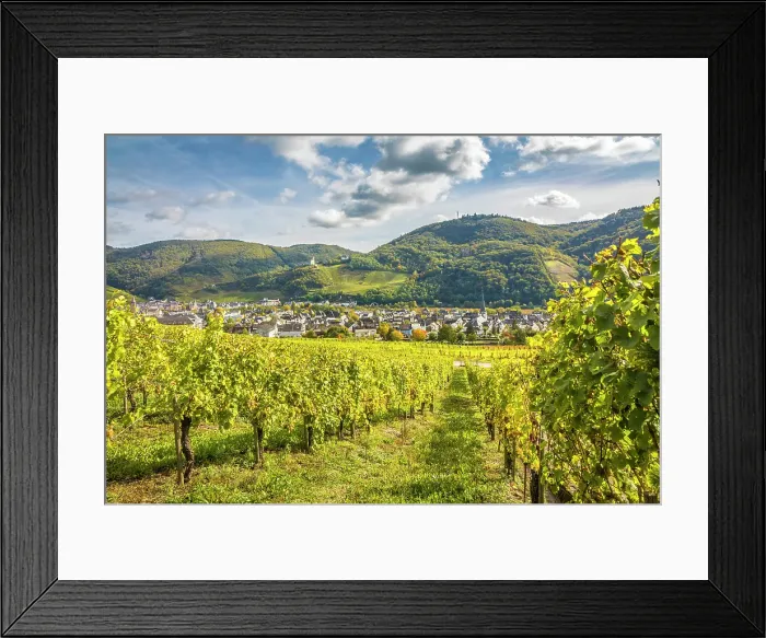 Framed Print : View from the vineyards to Kues with church St. Briktius, Bernkastel-Kues, Mosel, Rhineland-Palatinate, Germany Framed Print : View from the vineyards to Kues with church St. Briktius, Bernkastel-Kues, Mosel, Rhineland-Palatinate, Germany