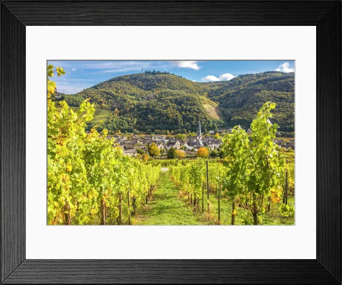 Framed Print : View from the vineyards to Kues with church St. Briktius, Bernkastel-Kues, Mosel, Rhineland-Palatinate, Germany Framed Print : View from the vineyards to Kues with church St. Briktius, Bernkastel-Kues, Mosel, Rhineland-Palatinate, Germany