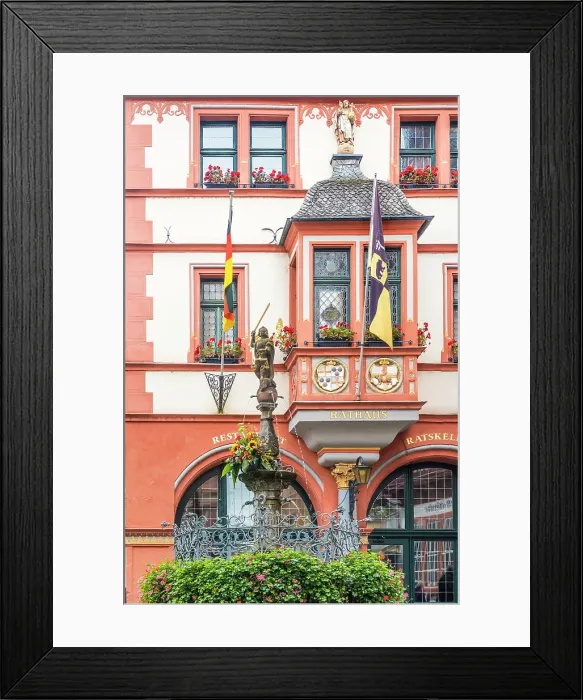 Framed Print : Historic town hall with Michaelsbrunnen in the old town of Bernkastel, Bernkastel-Kues, Mosel, Rhineland-Palatinate, Germany