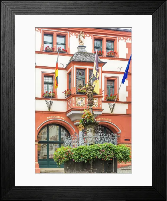 Framed Print : Historic town hall with Michaelsbrunnen in the old town of Bernkastel, Bernkastel-Kues, Mosel, Rhineland-Palatinate, Germany