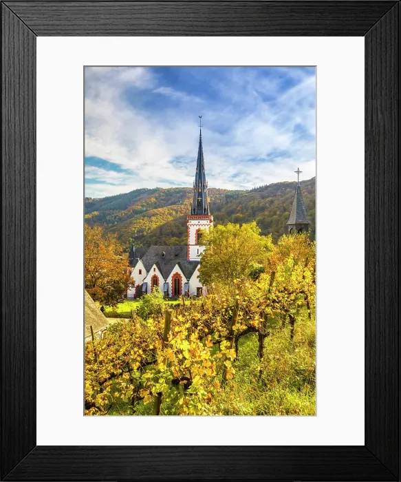 Framed Print : View from the vineyards to Ediger to the church of St. Martin, Ediger-Eller, Mosel, Rhineland-Palatinate, Germany