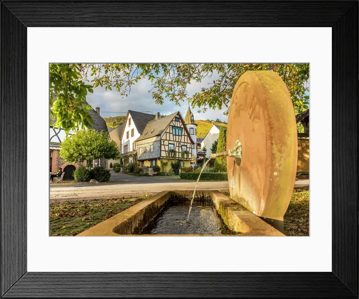 Framed Print : Fountain in the village center of the wine town of Kroev on the Mosel, Mosel, Rhineland-Palatinate, Germany Framed Print : Fountain in the village center of the wine town of Kroev on the Mosel, Mosel, Rhineland-Palatinate, Germany