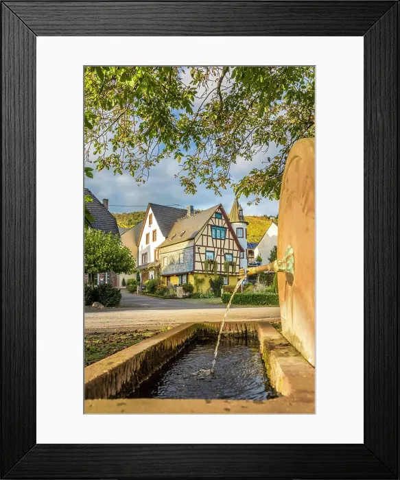 Framed Print : Fountain in the village center of the wine town of Kroev on the Mosel, Mosel, Rhineland-Palatinate, Germany Framed Print : Fountain in the village center of the wine town of Kroev on the Mosel, Mosel, Rhineland-Palatinate, Germany