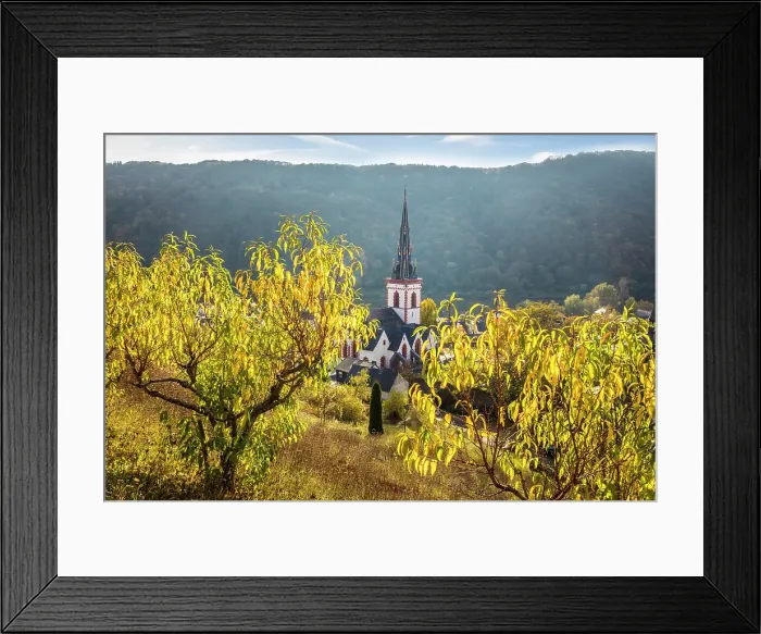Framed Print : Vineyard peach trees above the village of Ediger with the church of St. Martin, Ediger-Eller, Mosel, Rhineland-Palatinate, Germany Framed Print : Vineyard peach trees above the village of Ediger with the church of St. Martin, Ediger-Eller, Mosel, Rhineland-Palatinate, Germany