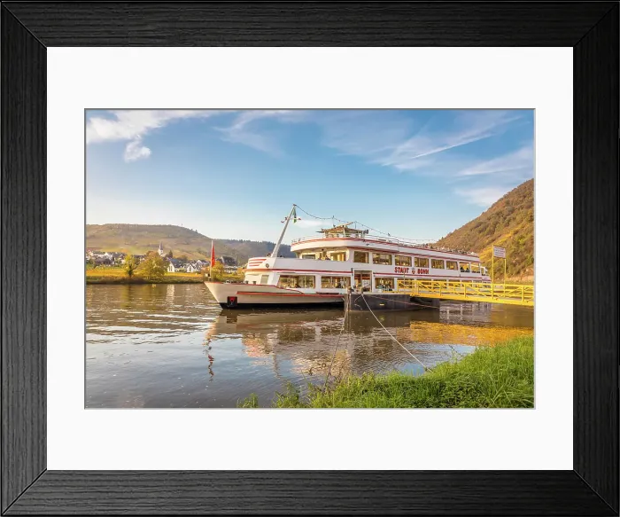 Framed Print : Excursion ship Stadt Bonn at the pier of Beilstein on the Moselle, Mosel, Rhineland-Palatinate, Germany Framed Print : Excursion ship Stadt Bonn at the pier of Beilstein on the Moselle, Mosel, Rhineland-Palatinate, Germany
