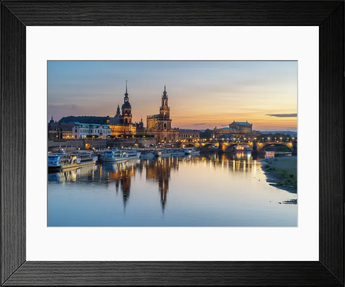Framed Print : Oberlandesgericht Dresden, Dresden Cathedral, Semperoper House and Augustus Bridge over Elbe River at dusk, Dresden, Saxony, Germany