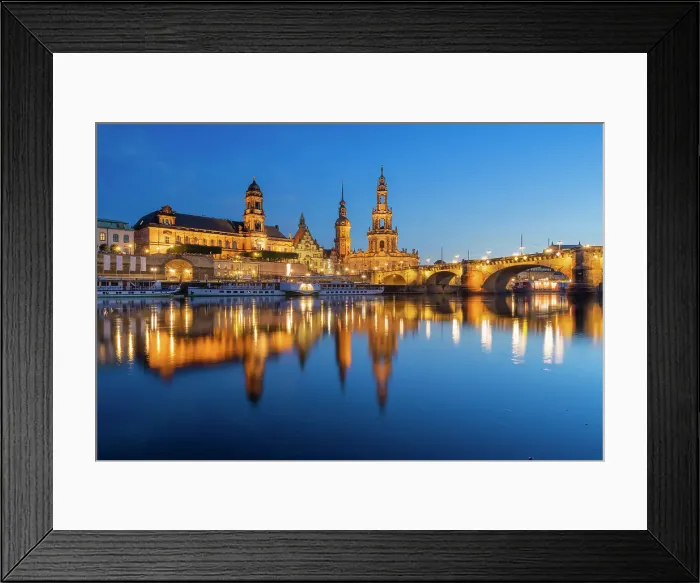Framed Print : Illuminated Oberlandesgericht Dresden near Augustus Bridge and Dresden Cathedral over Elbe River at twilight, Dresden, Saxony, Germany Framed Print : Illuminated Oberlandesgericht Dresden near Augustus Bridge and Dresden Cathedral over Elbe River at twilight, Dresden, Saxony, Germany