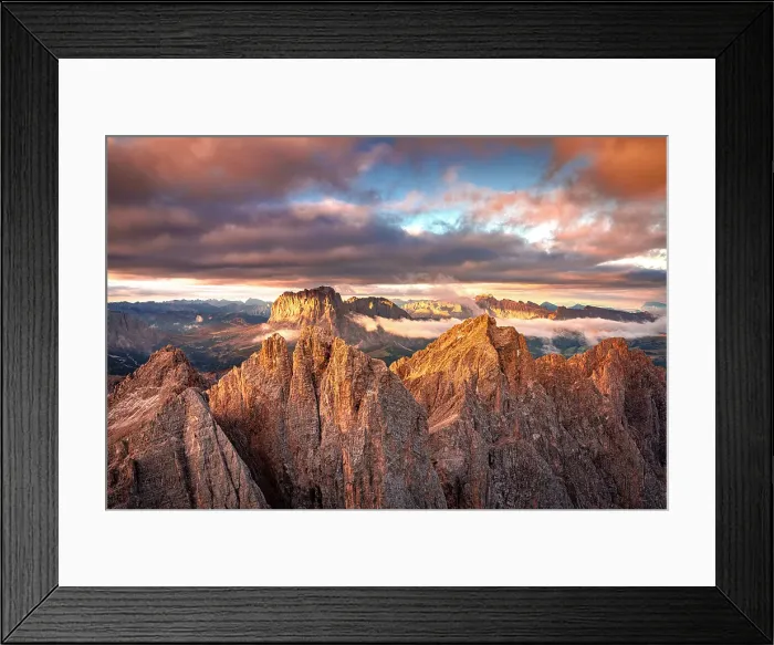 Framed Print : Aerial view of Furchetta, Sass Rigais and Sassolungo peaks under pink clouds at sunset, Puez Odle Nature Park, Dolomites, Italy Framed Print : Aerial view of Furchetta, Sass Rigais and Sassolungo peaks under pink clouds at sunset, Puez Odle Nature Park, Dolomites, Italy